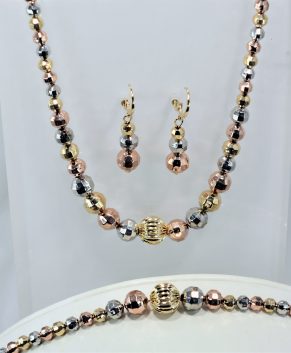 18K GOLDPLATED TRICOLOR SET, NECKLACE, EARRINGS AND BRACELET